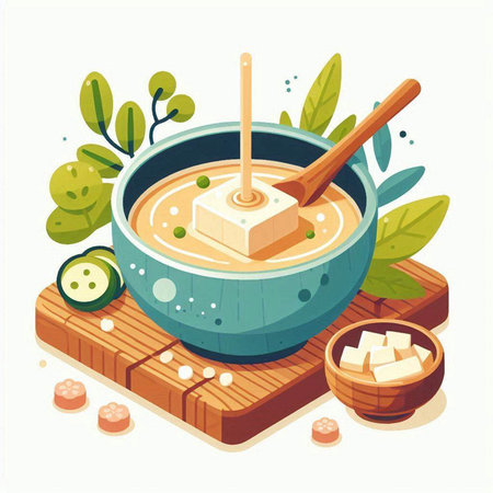 Soup with tofu and cucumber in bowl. Vector illustration.のイラスト素材