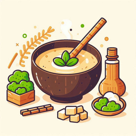 Ceramic bowl of miso soup and ingredients. Vector illustration.のイラスト素材
