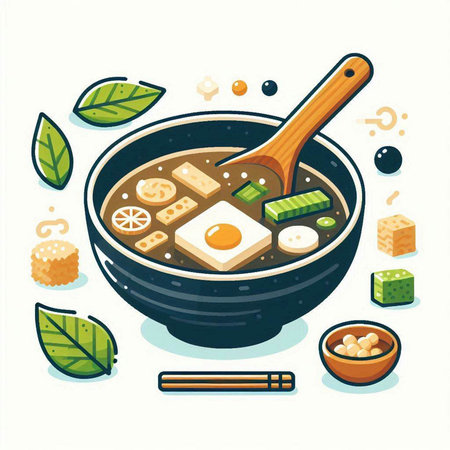 Japanese miso soup in a bowl with chopsticks. Vector illustration.のイラスト素材