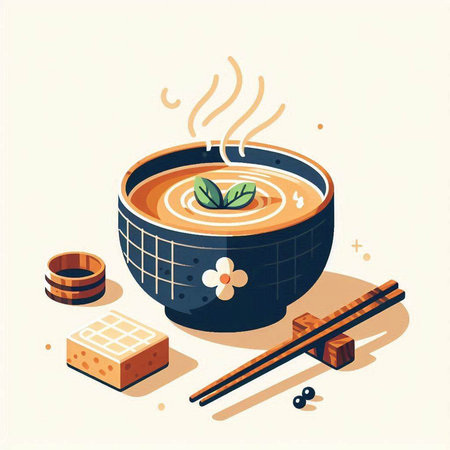 Vector illustration of a Japanese soup in a ceramic bowl with chopsticks.のイラスト素材