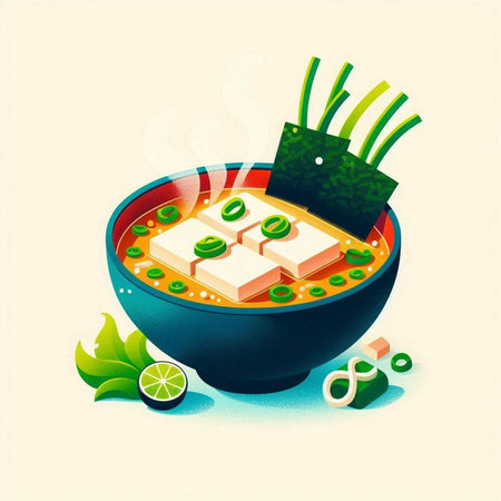 Illustration of a bowl of miso soup with chopsticks and vegetablesのイラスト素材