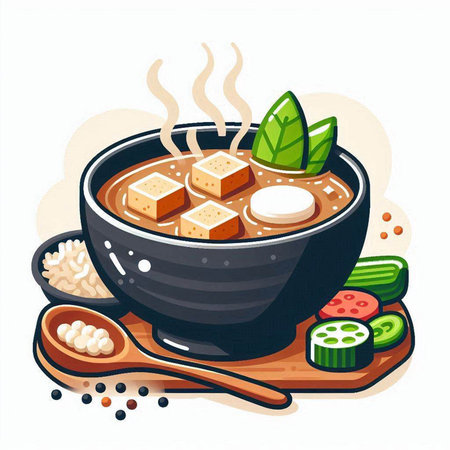 Soup with tofu and vegetables. Vector illustration in cartoon style.のイラスト素材