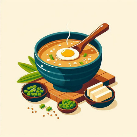 Japanese miso soup with egg in a blue bowl. Vector illustration.のイラスト素材