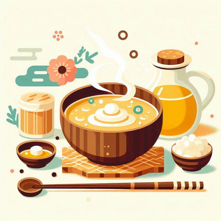 Soup in wooden bowl. Japanese food. Vector illustration in flat style.のイラスト素材