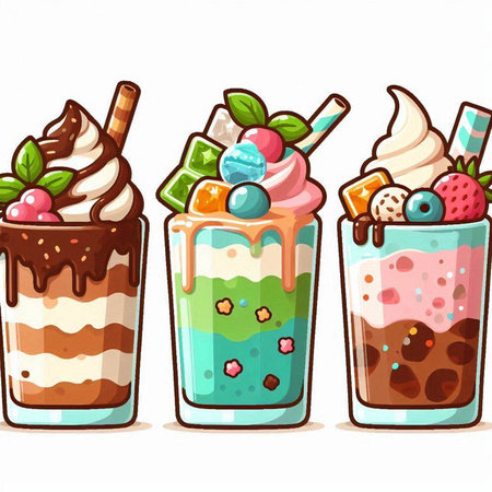 Colorful milkshakes with different toppings. Vector illustration.のイラスト素材