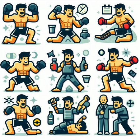 Boxing sport vector icons set in cartoon flat style. Boxer and fighter illustrationのイラスト素材