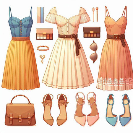 Set of different women's clothing and accessories. Vector illustration in cartoon style.のイラスト素材