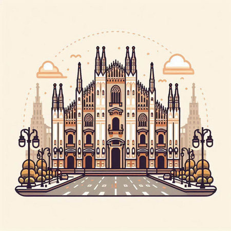 Vector illustration of the famous Milan Cathedral in Italy. Linear style.のイラスト素材