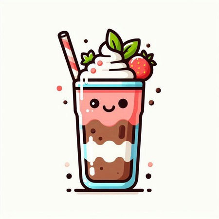 Cute chocolate milkshake with whipped cream and strawberries. Vector illustration.のイラスト素材