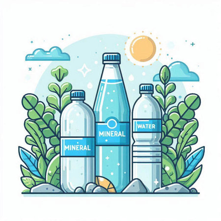Plastic bottles of mineral water. Vector illustration in flat style.のイラスト素材