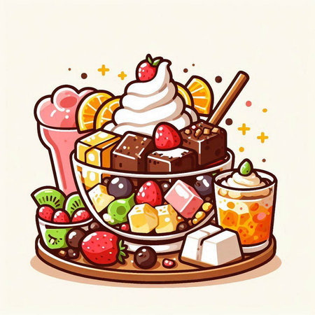 Vector illustration of a delicious dessert in a bowl with ice cream and fruits.のイラスト素材