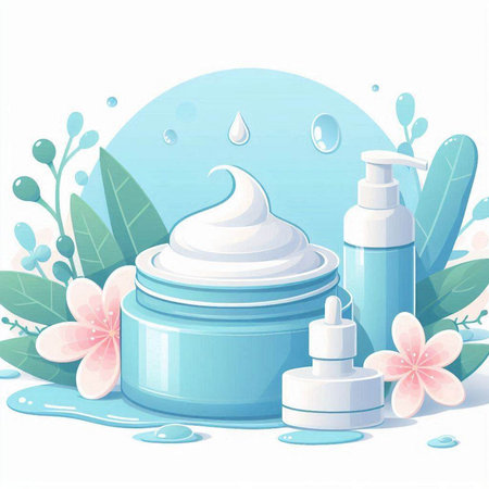 cosmetic cream with flowers on a white background. Vector illustration.のイラスト素材