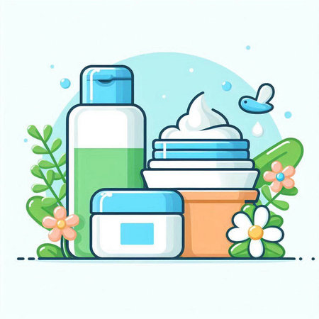 Vector illustration of cosmetics and skincare products in flat style.のイラスト素材