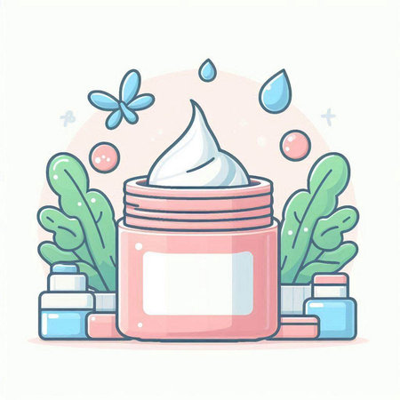 Cosmetic cream in a jar on a background of green plants. Vector illustration.のイラスト素材