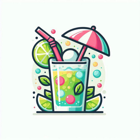 Cocktail with lemon, lime, ice and umbrella. Vector illustrationのイラスト素材