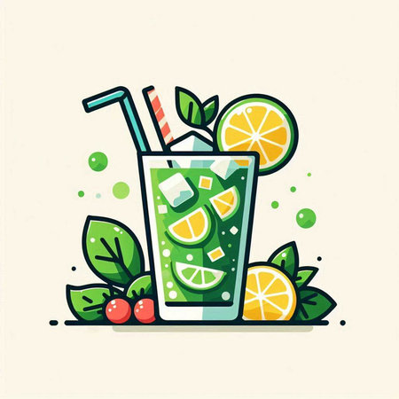 Cocktail with lime, mint and straw. Vector illustration.のイラスト素材