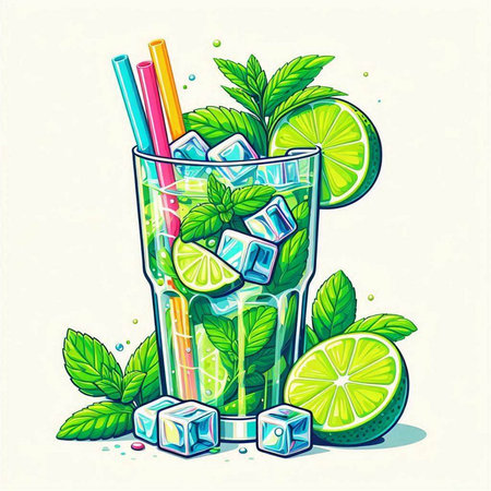 Mojito cocktail with lime, mint and ice cubes. Vector illustration.のイラスト素材
