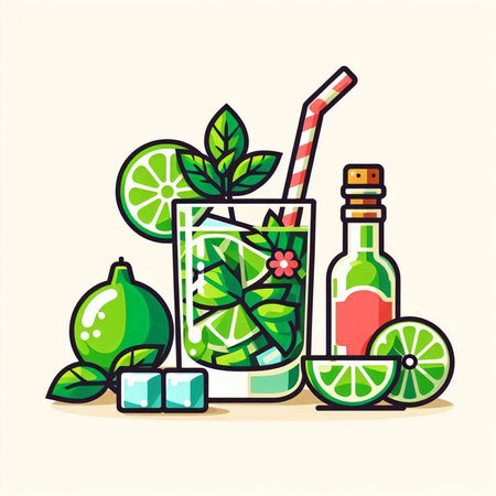 Cocktail mojito with lime and mint. Vector flat illustrationのイラスト素材