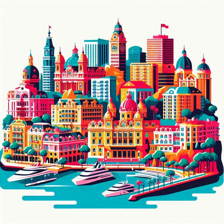 Cityscape with colorful buildings and skyscrapers. Vector illustration.のイラスト素材
