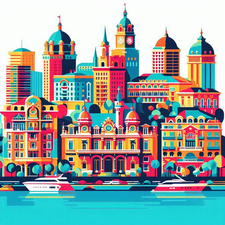 Cityscape with colorful buildings and boats on the water. Vector illustration.のイラスト素材