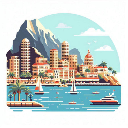 Cityscape with mountains, sea and yachts. Vector illustration.のイラスト素材