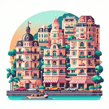 Cityscape with colorful houses, boats and palm trees. Vector illustration.のイラスト素材