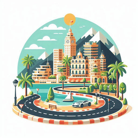 Cityscape with buildings, roads and palm trees. Vector illustration.のイラスト素材