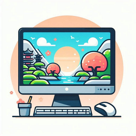 Modern flat style vector illustration of a computer screen with a picture of a Japanese garden in the backgroundのイラスト素材