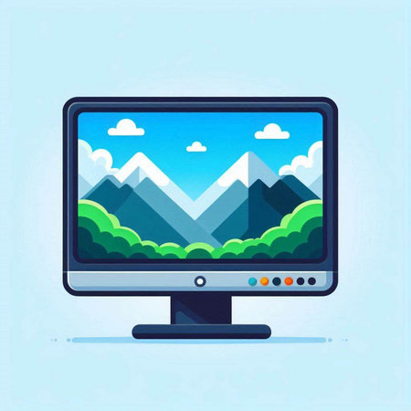 Computer monitor with mountains and clouds. Vector illustration in flat style.のイラスト素材
