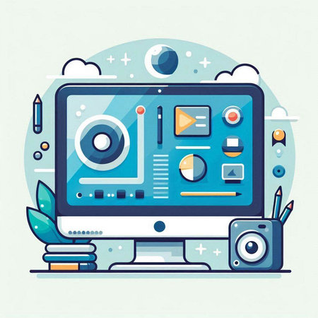 Vector illustration of a flat design of a computer with a screen, keyboard, mouse, headphones and a book.のイラスト素材