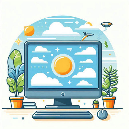 Vector illustration of a computer monitor with sun, clouds and other elementsのイラスト素材