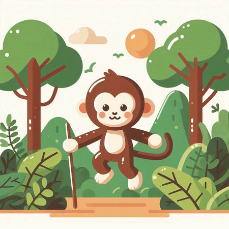 Cute monkey in the jungle. Vector illustration in flat style.のイラスト素材