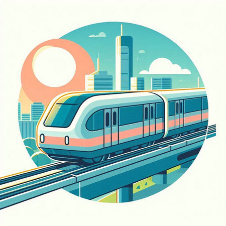 Modern high-speed train on the background of the city. Vector illustration.のイラスト素材