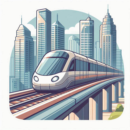 Modern high-speed train on the city background. Vector illustration.のイラスト素材