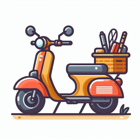 Scooter with basket of stationery. Vector illustration in cartoon styleのイラスト素材