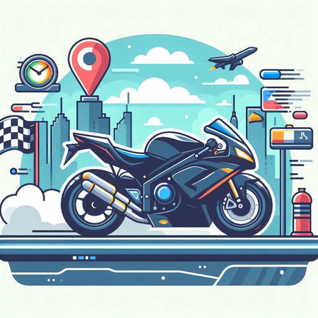 Vector illustration of a motorcycle on the road in the city. Linear style.のイラスト素材