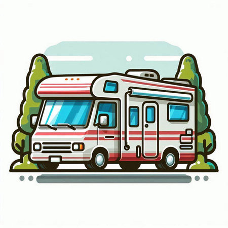 Caravan in the forest. Vector illustration of a camper.のイラスト素材
