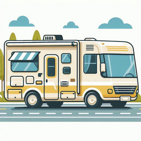 Caravan on the road. Vector illustration in flat design style.のイラスト素材