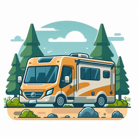 Camping camper on the road. Vector illustration in flat styleのイラスト素材