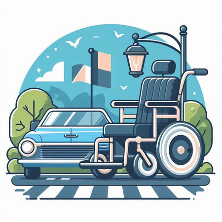 Wheelchair and car on the road. Hand drawn vector illustration.のイラスト素材