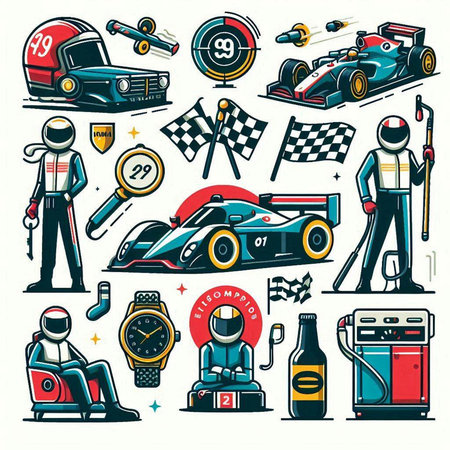 Set of racing icons. Vector illustration in cartoon style. Isolated on white background.のイラスト素材