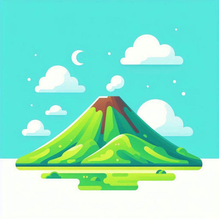 Vector illustration of a mountain in flat style with clouds and sky.のイラスト素材