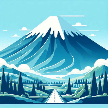 Mt. Fuji and pine forest, vector illustration in retro styleのイラスト素材