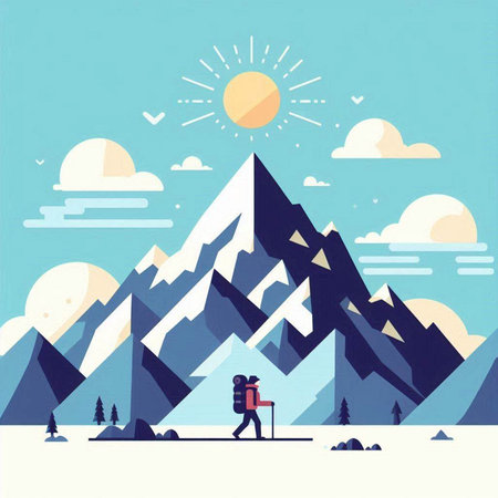 Vector illustration of a man hiking in the mountains in flat style.のイラスト素材
