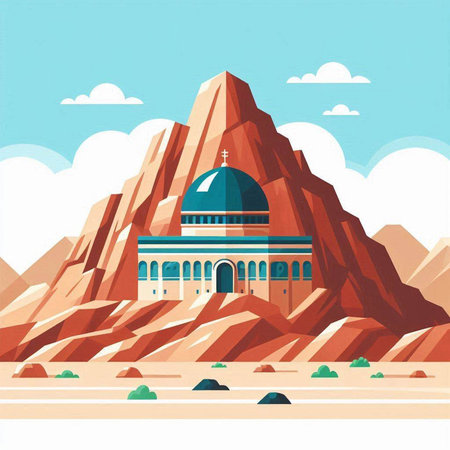 Egyptian temple on the background of the mountains. Vector illustration.のイラスト素材