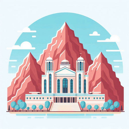 Landscape of mountains and temple in flat style. Vector illustration.のイラスト素材
