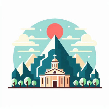 Church in the mountains. Vector illustration in flat style on white background.のイラスト素材
