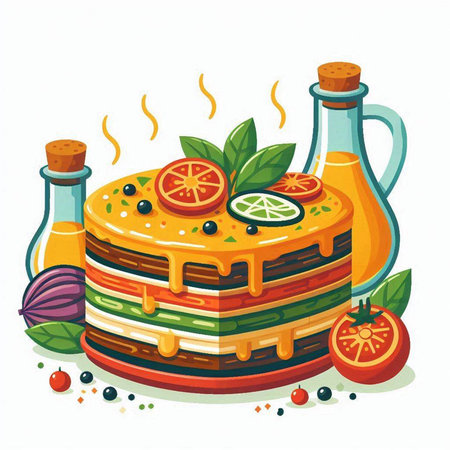 Piece of layered cake with tomato, lemon and mint. Vector illustration.のイラスト素材