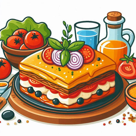 Illustration of a piece of lasagna with tomato, cheese and basilのイラスト素材
