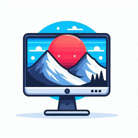 Computer screen with mountain and sun. Vector illustration in flat style.のイラスト素材